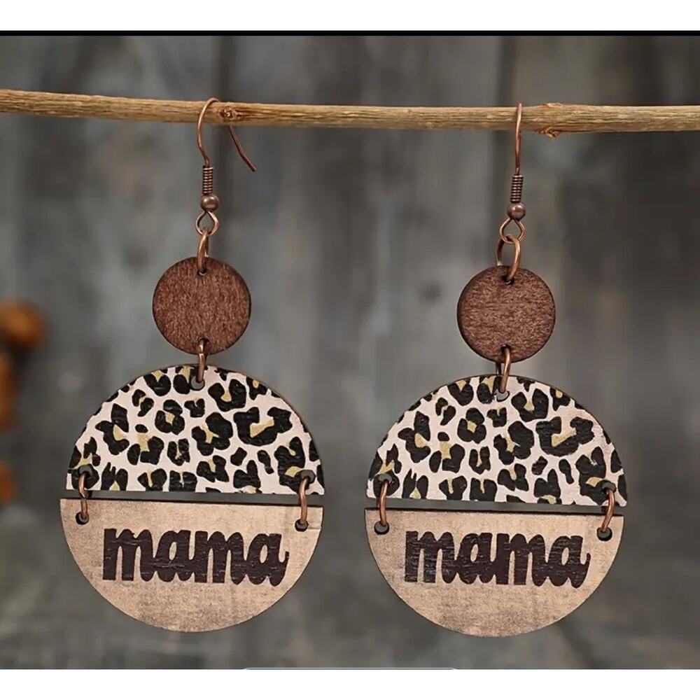 NWT Mama Leopard Brown Earrings Wood Lightweight Dangle Trendy